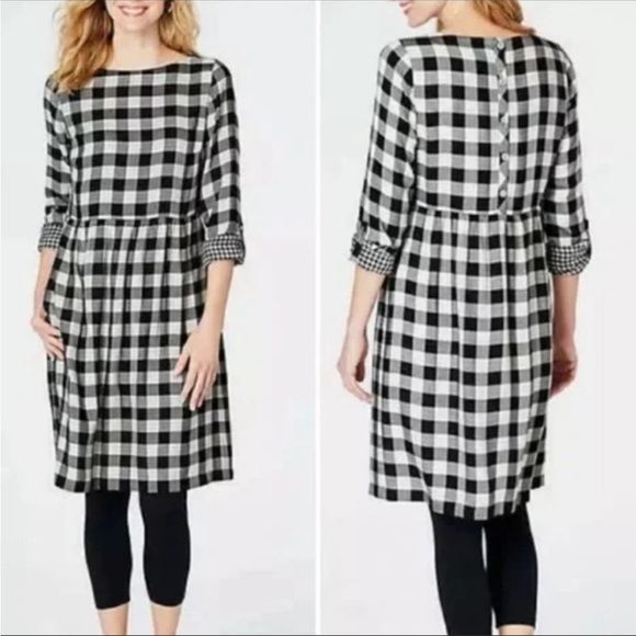 J. Jill Black White Buffalo Plaid Check Button Back Dress - Picture 1 of 13